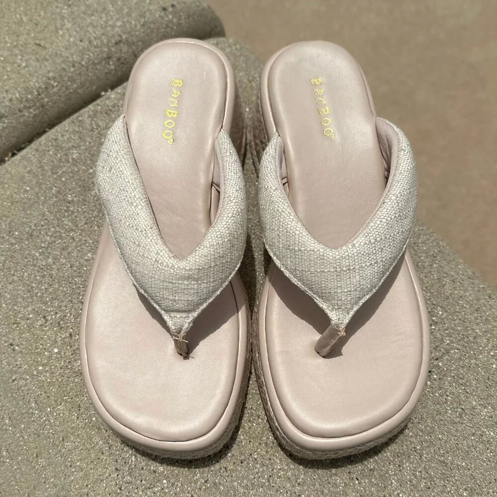 BAMBOO Cream Platform Espadrille Thong Sandals